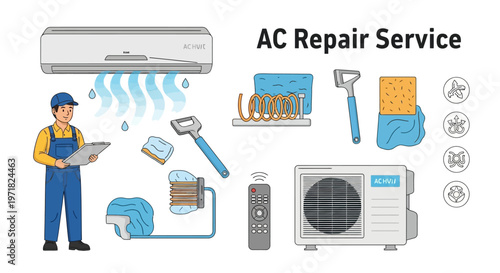 A technician in uniform holds a clipboard next to an air conditioner unit and maintenance tools against a clean white background, presented as a flat vector illustration with cool blue