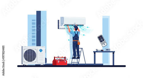 A service technician in overalls is installing an air conditioner unit on a wall with blue accents, shown in a flat vector illustration against a clean white background with tools