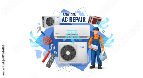 A handyman in uniform stands near air conditioners in a vector illustration against a white background, showcasing AC repair services with a toolbox and tools, rendered with vibrant colors