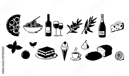 Hand drawn Italian food and drink doodle set vintage whimsical menu illustration vector