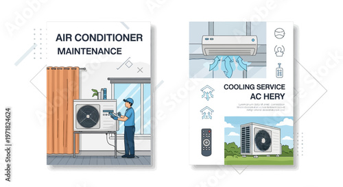 Illustrated vector graphics showing an HVAC technician servicing an air conditioning unit in a home with curtains, alongside a graphic outlining cooling services and AC repair