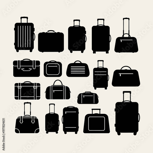 Collection of black vector luggage icons isolated on a simple light cream background design set