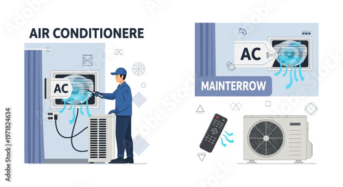 An air conditioning technician repairs a split system in a flat vector illustration, shown with tools and cables, set against a clean white background and designed in cool, calming pastel