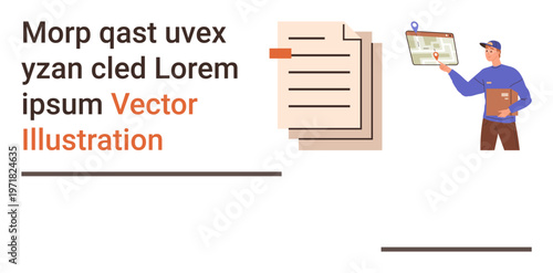 Delivery services, navigation apps, online logistics, location tracking, e-commerce, courier solutions. A worker holding a map interface and documents. Delivery services and navigation apps concept