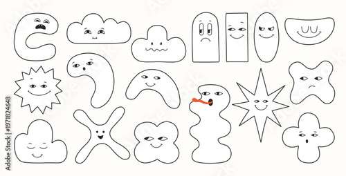 Geometric characters line set blob shapes and expressive comic smiling childish different faces. Abstract playful figures eyes emotions quirky forms. Fun modern cartoon geometry drawing happy face art