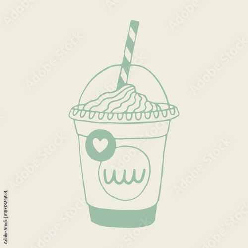Hand drawn vector of a frappe coffee in a takeaway cup with whipped cream and a striped straw. Detailed line art illustration featuring a heart icon and wavy logo for coffee shop menus