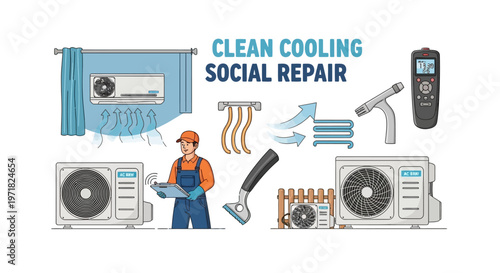 An illustration depicts an air conditioning repairman inspecting a unit with a tablet, showcasing a visual guide to cleaning and maintaining AC systems for efficient cooling, set
