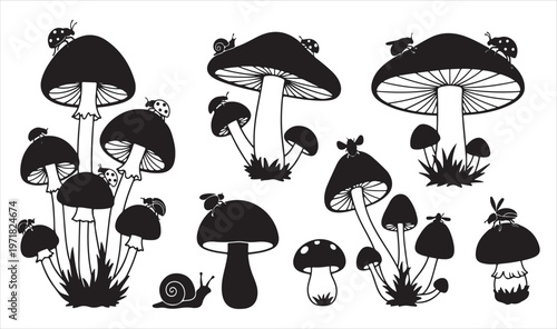 A collection of various black and white mushroom illustrations in different shapes and sizes