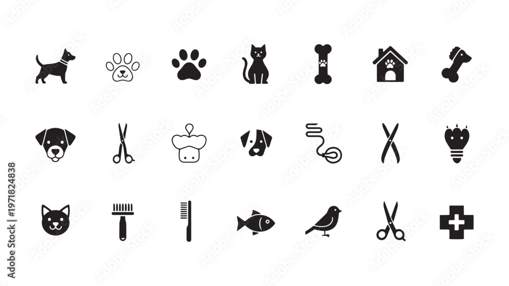 Obraz premium Pet grooming icons, animal care symbols, veterinary signs, 20 black and white graphics