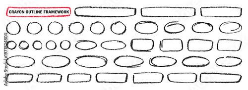 Crayon outline ovals, circles and ellipses set. Pencil hand drawn emphasis elements, freehand line art frames. Doodle style chalk sketches rough thin borders round shapes highlights handwritten vector