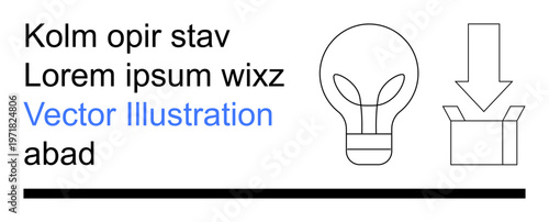 Creativity, innovation, product ideas, packaging designs, development, modern graphics. Minimalist lightbulb, arrow open box and placeholder text. Concepts of creativity and innovation