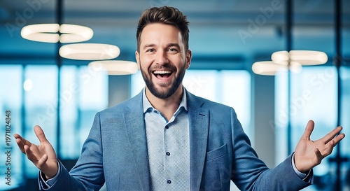 Joyful businessman in blue blazer laughing with arms open in modern office with halo ring lights background cheering for a successful corporate deal