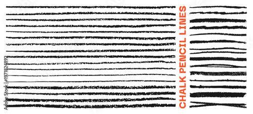 Horizontal chalk stripes with rough sketch texture set. Lined paper look and childish doodle feel. Funky thin lines pattern in crayon and pencil drawn style. Strokes and grunge marks playful art