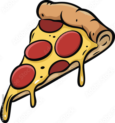Delicious pepperoni pizza slice melting cheese dripping cartoon style illustration flat vector