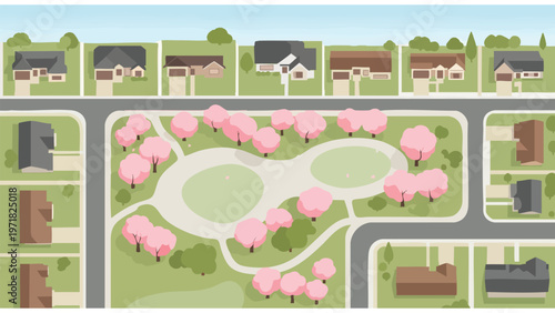 Suburban Neighborhood Aerial View with Park and Homes for Real Estate Marketing