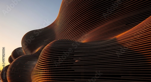 Modern parametric architectural structure with wavy metal slats glowing in warm golden hour sunset light creating an abstract organic pattern