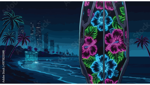 Neon Tropical Surfboard Beach Night Cityscape Tropical Vibes
