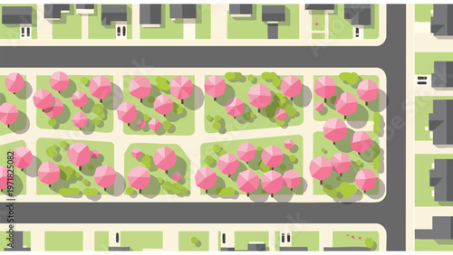 Aerial View of Residential Neighborhood with Streets, Houses, and Green Spaces
