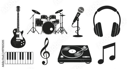 Black and white sketch of a violin with bow and sheet music