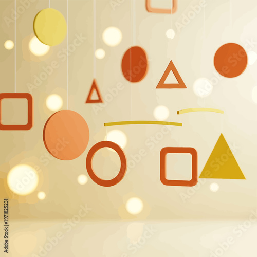 Modern vector design showcasing hanging geometric forms and ambient glowing light circles.