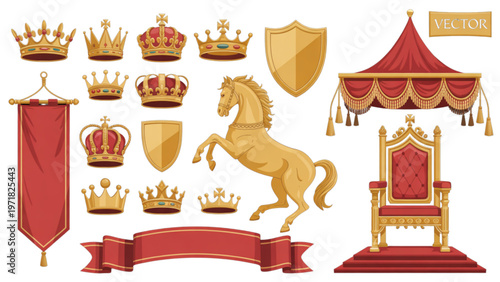 Historical parade with banners, trophies, and a lion statue Vector