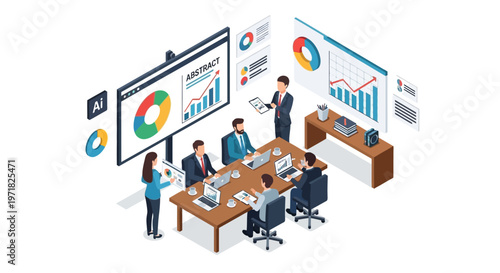 Isometric illustration showing a business team in a meeting room with a large screen displaying financial charts and data, rendered in a clean, modern style with a bright and professional