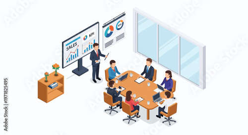 Isometric illustration shows a business meeting with six professionals gathered around a table, a presentation screen displaying data charts, set in a bright office space with modern