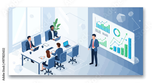 Isometric illustration of a diverse business team gathered around a conference table in a modern office, with a presenter explaining data charts displayed on a large screen