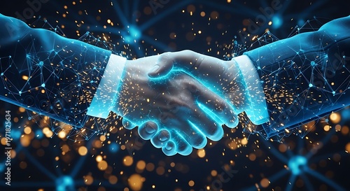 Business handshake between professionals shows glowing blue light connections and vibrant golden sparks for futuristic corporate tech partnership