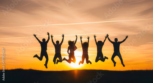 Silhouetted group of friends joyfully jumping against a vibrant sunset