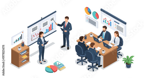 Isometric view of a business team in suits gathered around a conference table with laptops during a presentation, featuring charts on screens in a brightly lit room, conveying a sense
