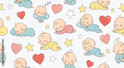 Cute baby illustrations, sleeping infants, heart stars pattern, nursery wallpaper, vector graphics