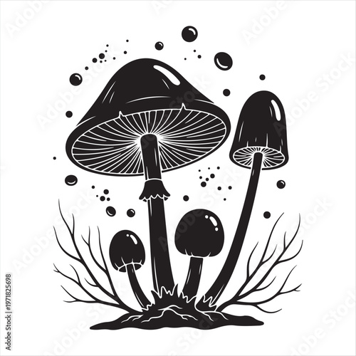 Black and white illustration of mushrooms in a whimsical forest setting with spores