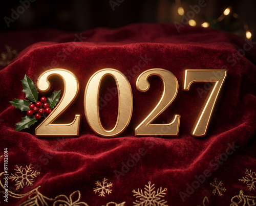 Luxury golden 2027 3D numbers on red velvet fabric with Christmas holly and berries.