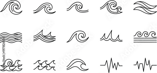 A diverse collection of black outline wave icons and symbols, featuring various stylized ocean water movements and abstract ripple patterns on a clean white background.