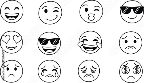 A comprehensive collection of black and white line art emojis illustrating a wide range of human emotions and expressions, including happiness, sadness, and love.