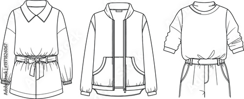 Fashion flat sketches of women's casual clothing designs. Includes a collared top, bomber jacket, and a crew-neck top with pants.