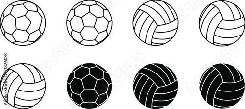 A collection of black and white vector icons featuring different sports balls, specifically soccer balls and volleyballs, presented in both outline and solid fill styles on a clean white background.