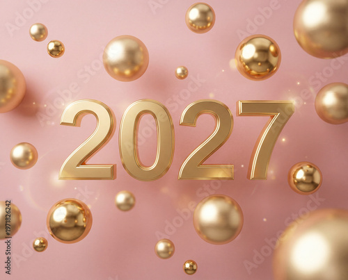 Modern 2027 3D numbers in gold surrounded by floating golden spheres on a pink background.