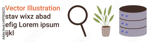 Digital analysis, data storage, research, technology, eco-design, organization. A magnifying glass, a plant and database icons. Data storage and research concept