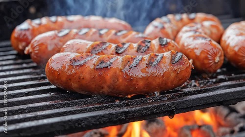 Delicious Sausages Grilling Over Hot Coals on a Barbecue.