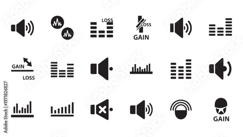 Audio volume icons, sound wave symbols, gain and loss graphics, black vector set