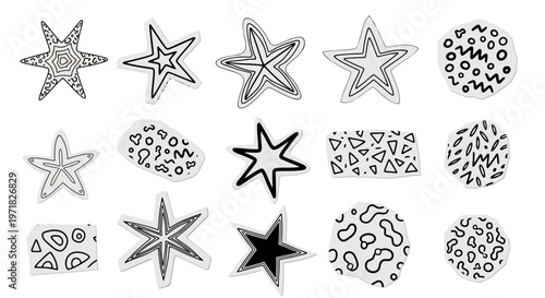 The image features various starfish illustrations with different patterns and designs.