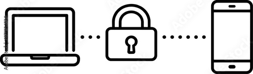 Secure Data Transfer and Device Protection: Laptop and Smartphone Connection with Padlock. Minimal Line Art Illustration and Minimalist Icon.