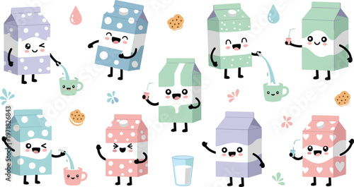 Cute milk carton characters collection with cookies, cups and splashes, funny dairy drink cartoon mascots vector illustration set for kids food design