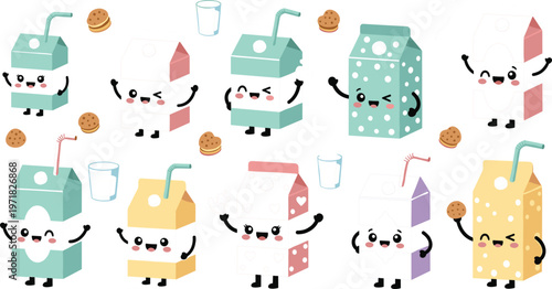 Cute milk carton characters with cookies and glass of milk, funny dairy drink cartoon mascots vector illustration set for kids food design