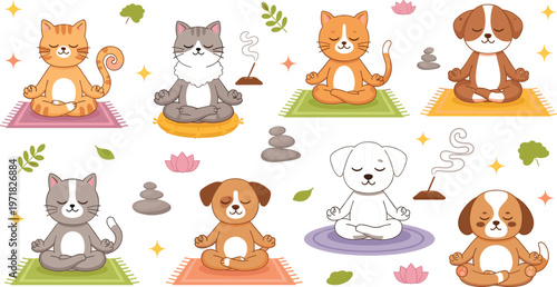 Cute cats and dogs practicing yoga meditation on mats with zen elements, relaxing mindfulness animals cartoon vector illustration set for wellness themes