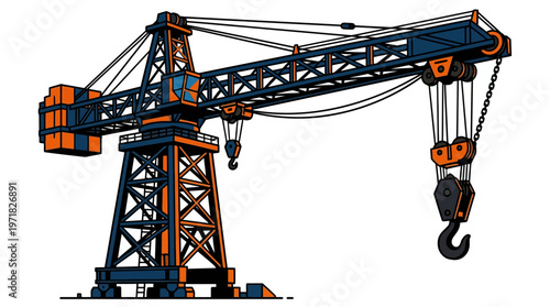 Large crane with hook and pulley.