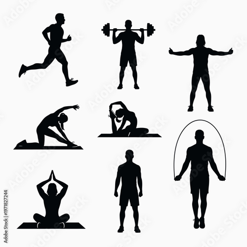 Set of black vector silhouettes showcasing various people performing diverse physical exercises and healthy activities