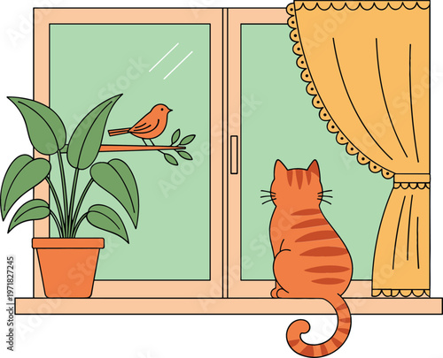 Cute orange cat sitting on windowsill watching small bird outside window with houseplant and curtain, cozy home interior peaceful moment vector illustration